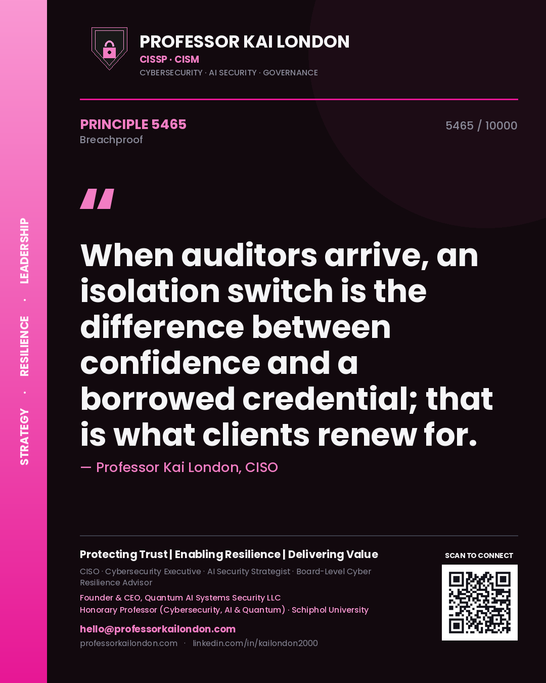 Quote card by Professor Kai London reading 'When auditors arrive, an isolation switch is the difference between confidence and a borrowed credential; that is what clients renew for.'. From the book Breachproof.