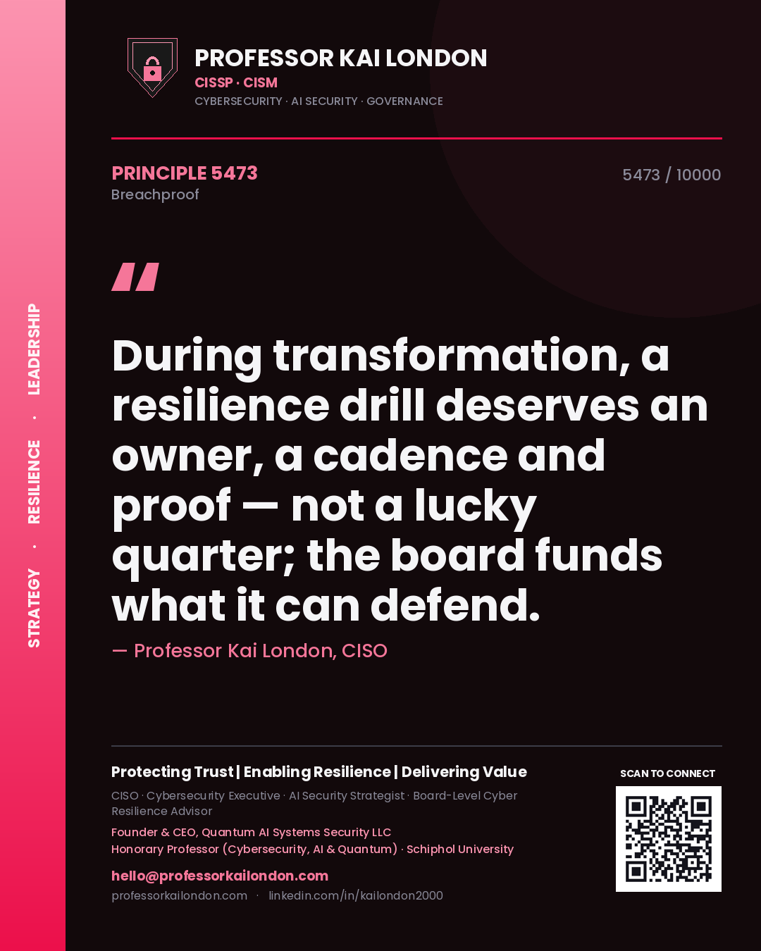 Professor Kai London principle 5473: During transformation, a resilience drill deserves an owner, a cadence and proof — not a lucky quarter; the board funds what it can defend.