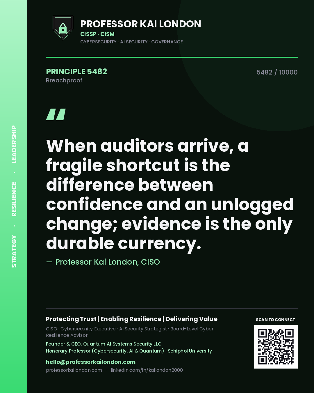 Quote card by Professor Kai London reading 'When auditors arrive, a fragile shortcut is the difference between confidence and an unlogged change; evidence is the only durable currency.'. From the book Breachproof.