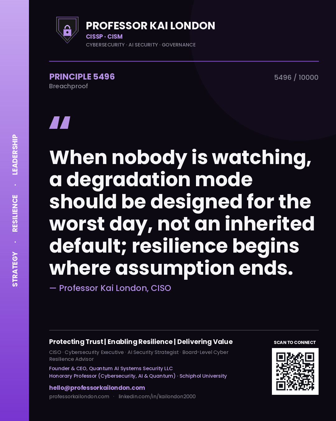 Quote card by Professor Kai London reading 'When nobody is watching, a degradation mode should be designed for the worst day, not an inherited default; resilience begins where assumption ends.'. From the book Breachproof.