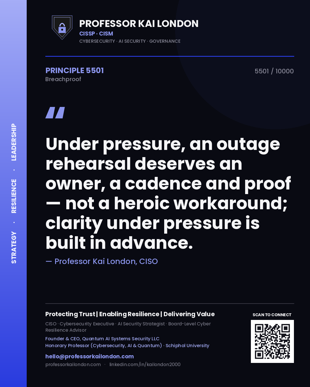 Quote card by Professor Kai London reading 'Under pressure, an outage rehearsal deserves an owner, a cadence and proof — not a heroic workaround; clarity under pressure is built in advance.'. From the book Breachproof.