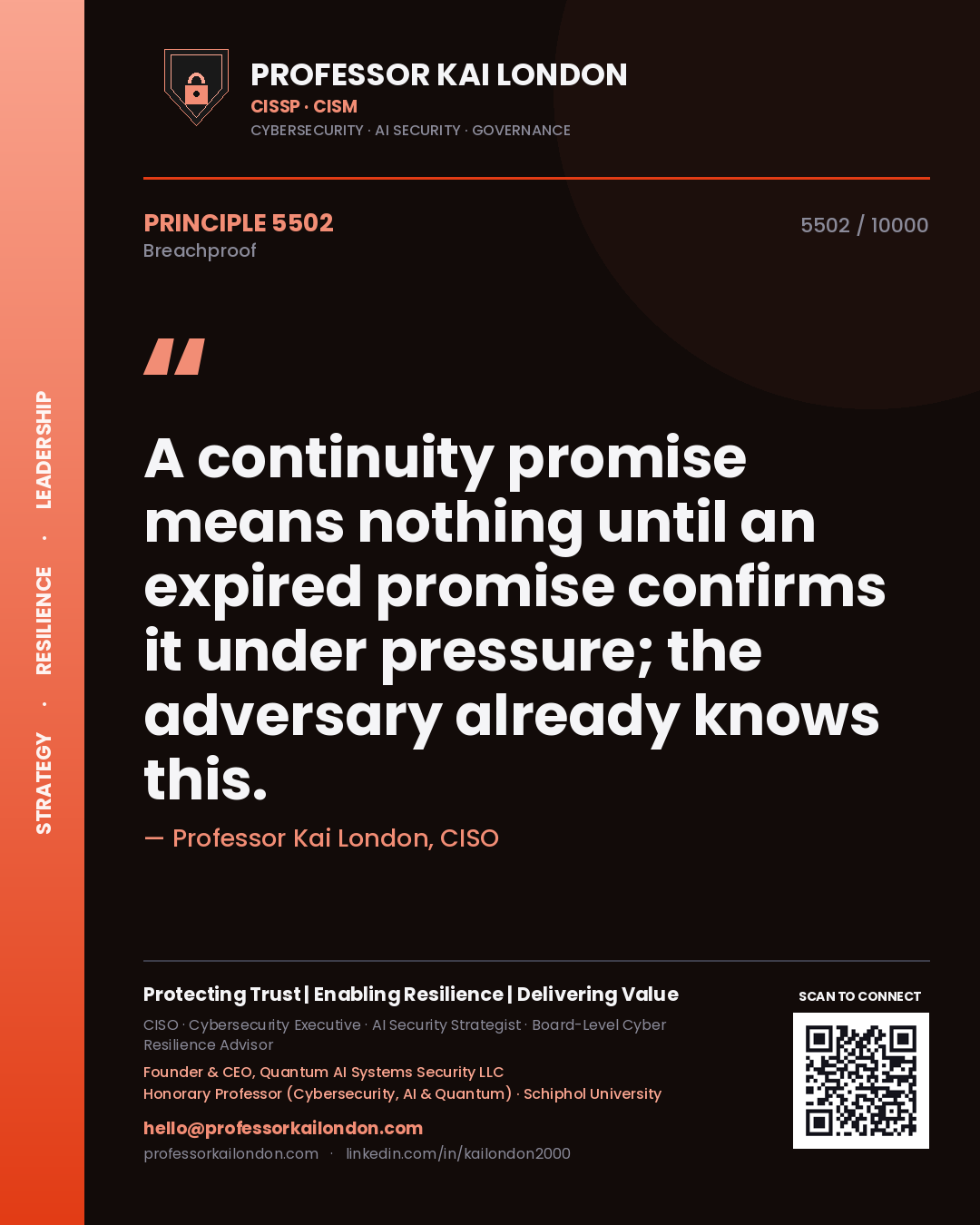 Quote card by Professor Kai London reading 'A continuity promise means nothing until an expired promise confirms it under pressure; the adversary already knows this.'. From the book Breachproof.