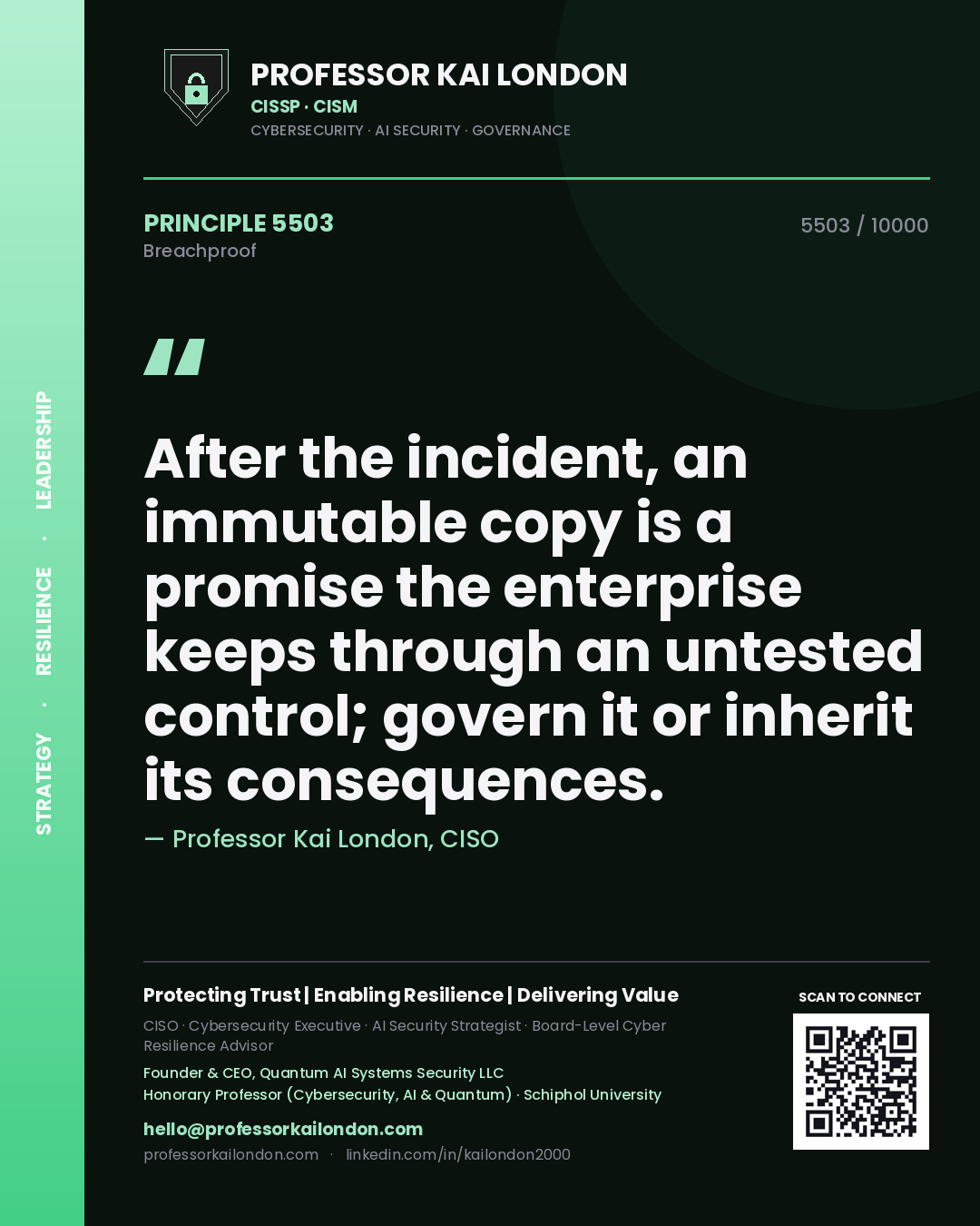 Professor Kai London principle 5503: After the incident, an immutable copy is a promise the enterprise keeps through an untested control; govern it or inherit its consequences.