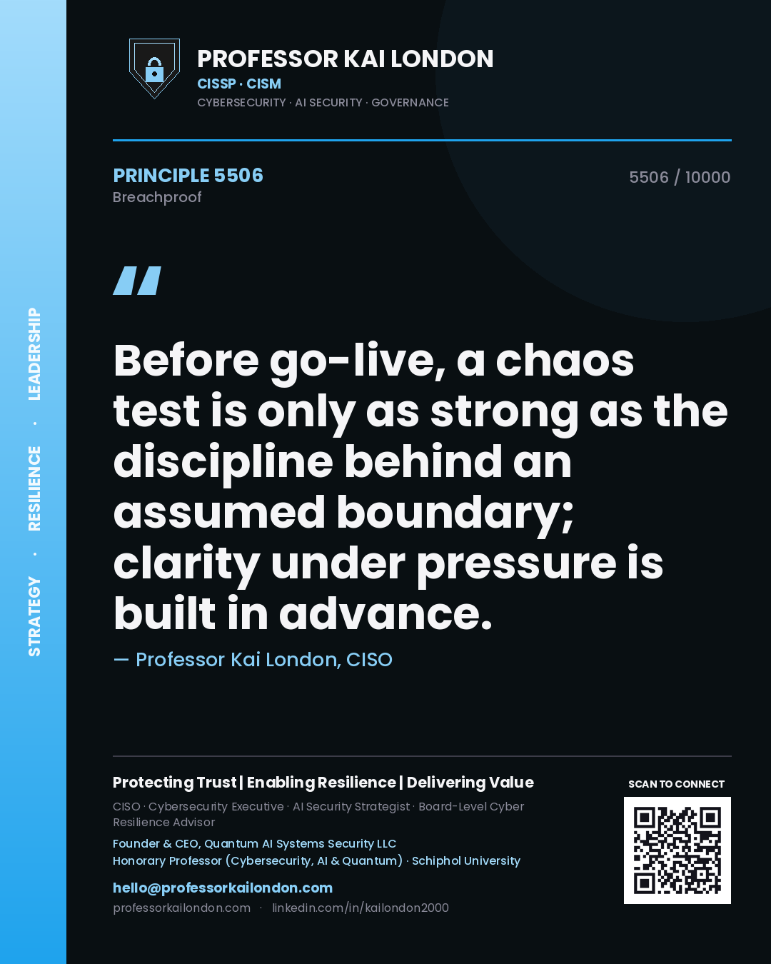 Quote card by Professor Kai London reading 'Before go-live, a chaos test is only as strong as the discipline behind an assumed boundary; clarity under pressure is built in advance.'. From the book Breachproof.