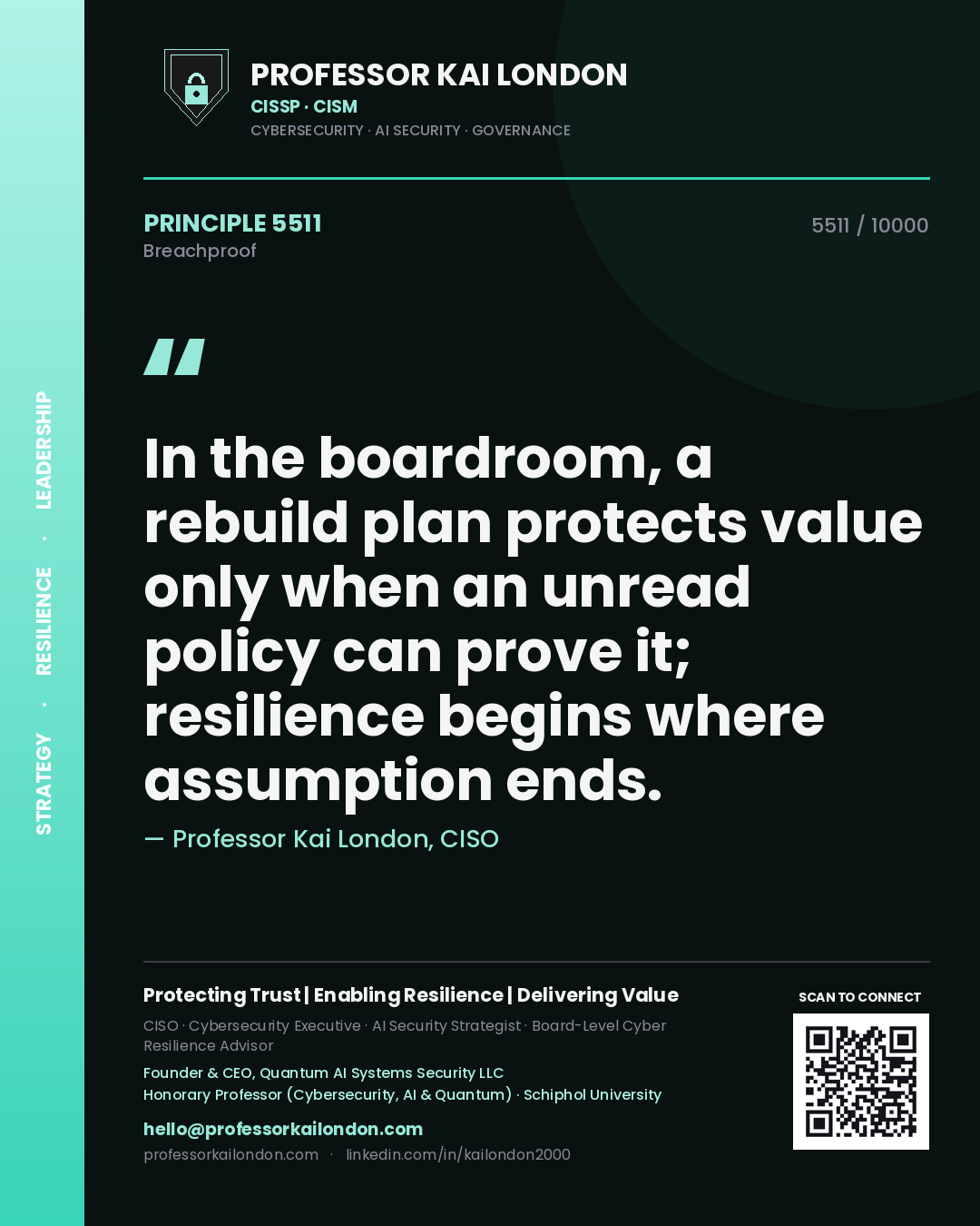 Professor Kai London principle 5511: In the boardroom, a rebuild plan protects value only when an unread policy can prove it; resilience begins where assumption ends.