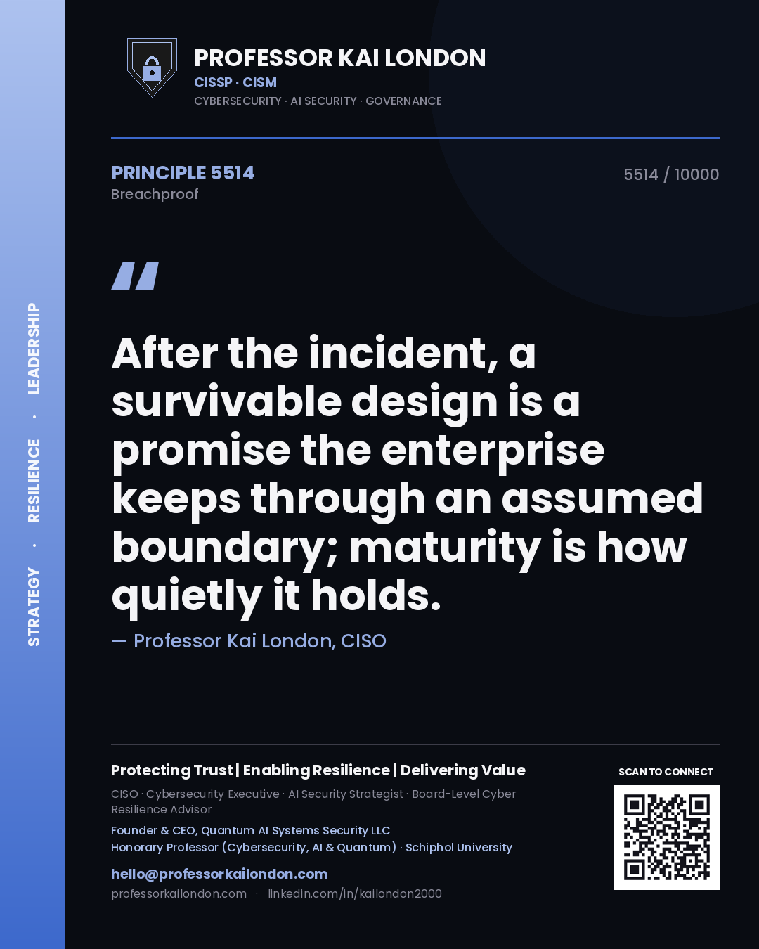 Professor Kai London principle 5514: After the incident, a survivable design is a promise the enterprise keeps through an assumed boundary; maturity is how quietly it holds.
