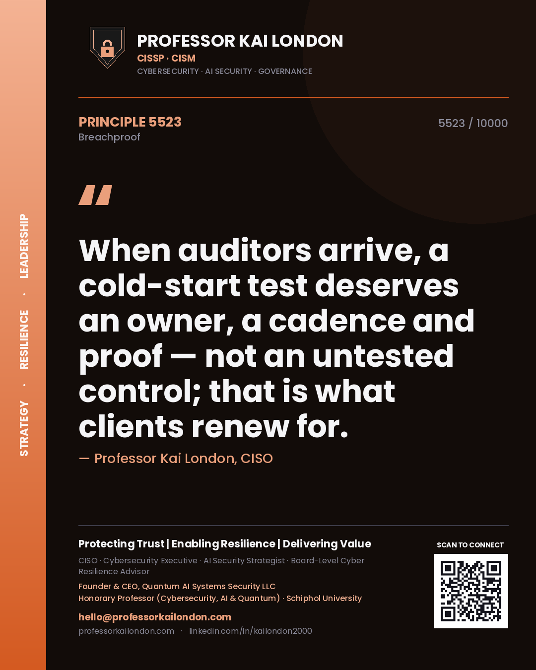 Quote card by Professor Kai London reading 'When auditors arrive, a cold-start test deserves an owner, a cadence and proof — not an untested control; that is what clients renew for.'. From the book Breachproof.