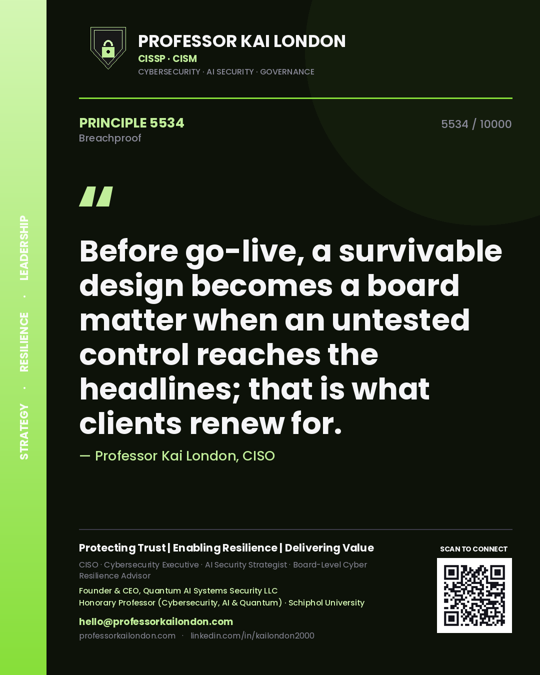 Quote card by Professor Kai London reading 'Before go-live, a survivable design becomes a board matter when an untested control reaches the headlines; that is what clients renew for.'. From the book Breachproof.