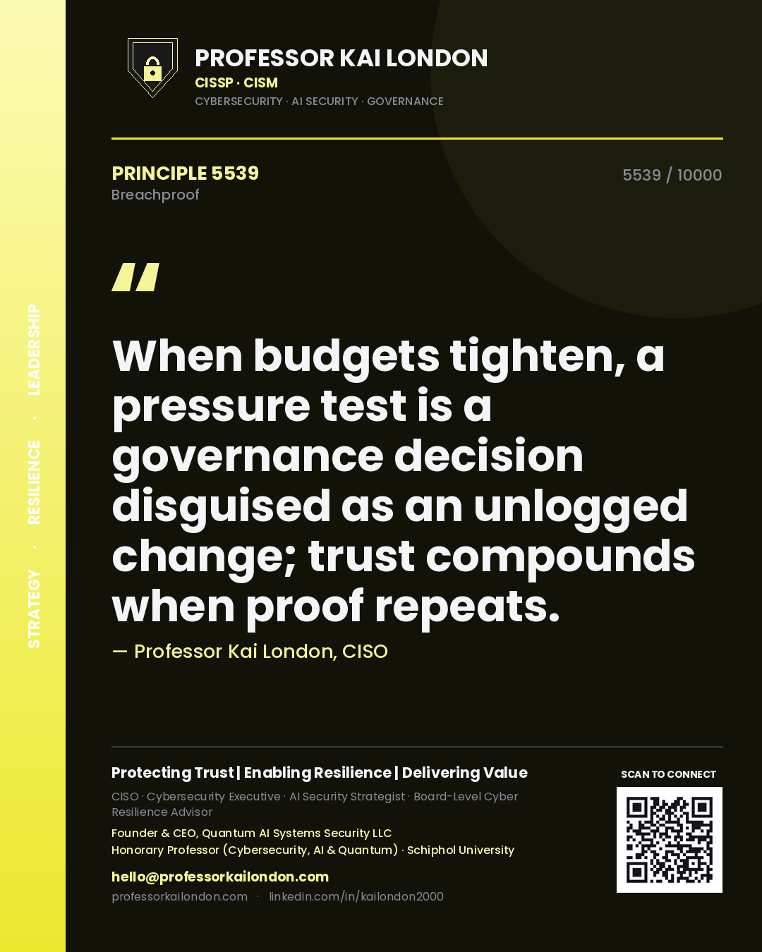 Professor Kai London principle 5539: When budgets tighten, a pressure test is a governance decision disguised as an unlogged change; trust compounds when proof repeats.