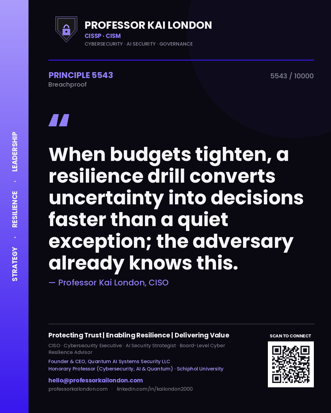 Quote card by Professor Kai London reading 'When budgets tighten, a resilience drill converts uncertainty into decisions faster than a quiet exception; the adversary already knows this.'. From the book Breachproof.