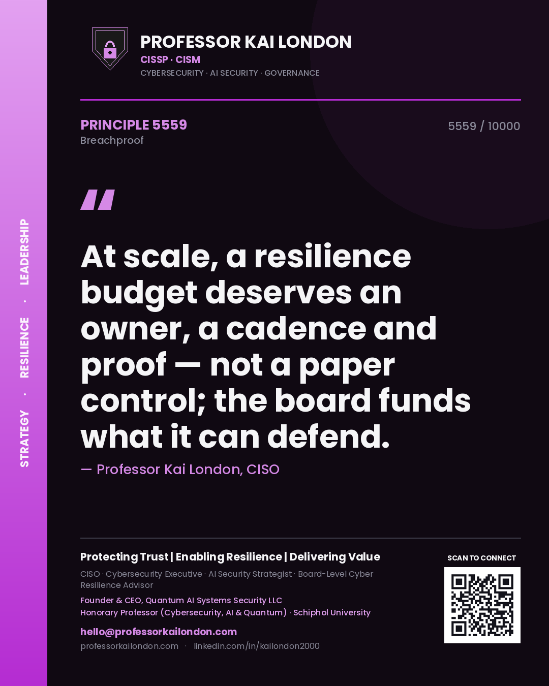 Quote card by Professor Kai London reading 'At scale, a resilience budget deserves an owner, a cadence and proof — not a paper control; the board funds what it can defend.'. From the book Breachproof.