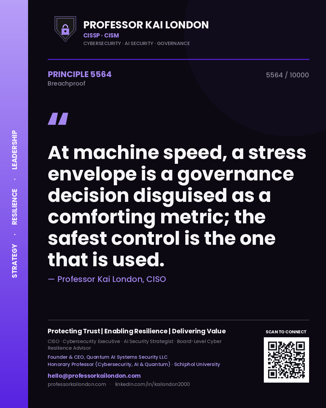 Quote card by Professor Kai London reading 'At machine speed, a stress envelope is a governance decision disguised as a comforting metric; the safest control is the one that is used.'. From the book Breachproof.