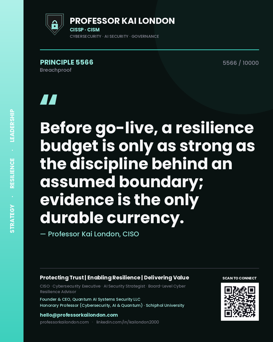 Quote card by Professor Kai London reading 'Before go-live, a resilience budget is only as strong as the discipline behind an assumed boundary; evidence is the only durable currency.'. From the book Breachproof.