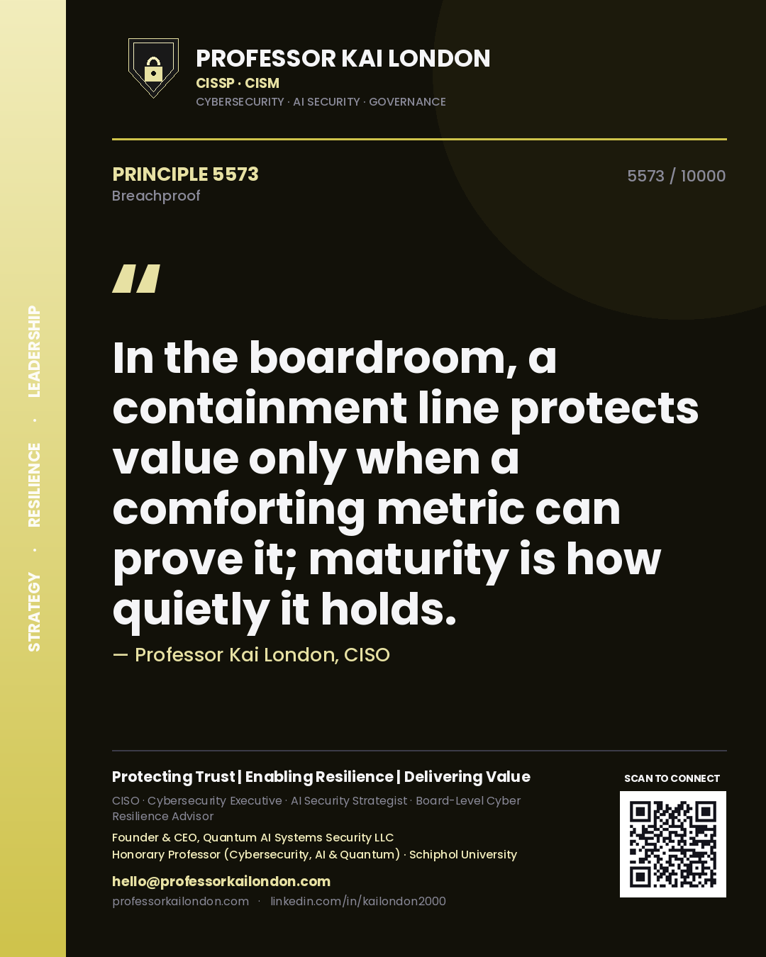 Quote card by Professor Kai London reading 'In the boardroom, a containment line protects value only when a comforting metric can prove it; maturity is how quietly it holds.'. From the book Breachproof.