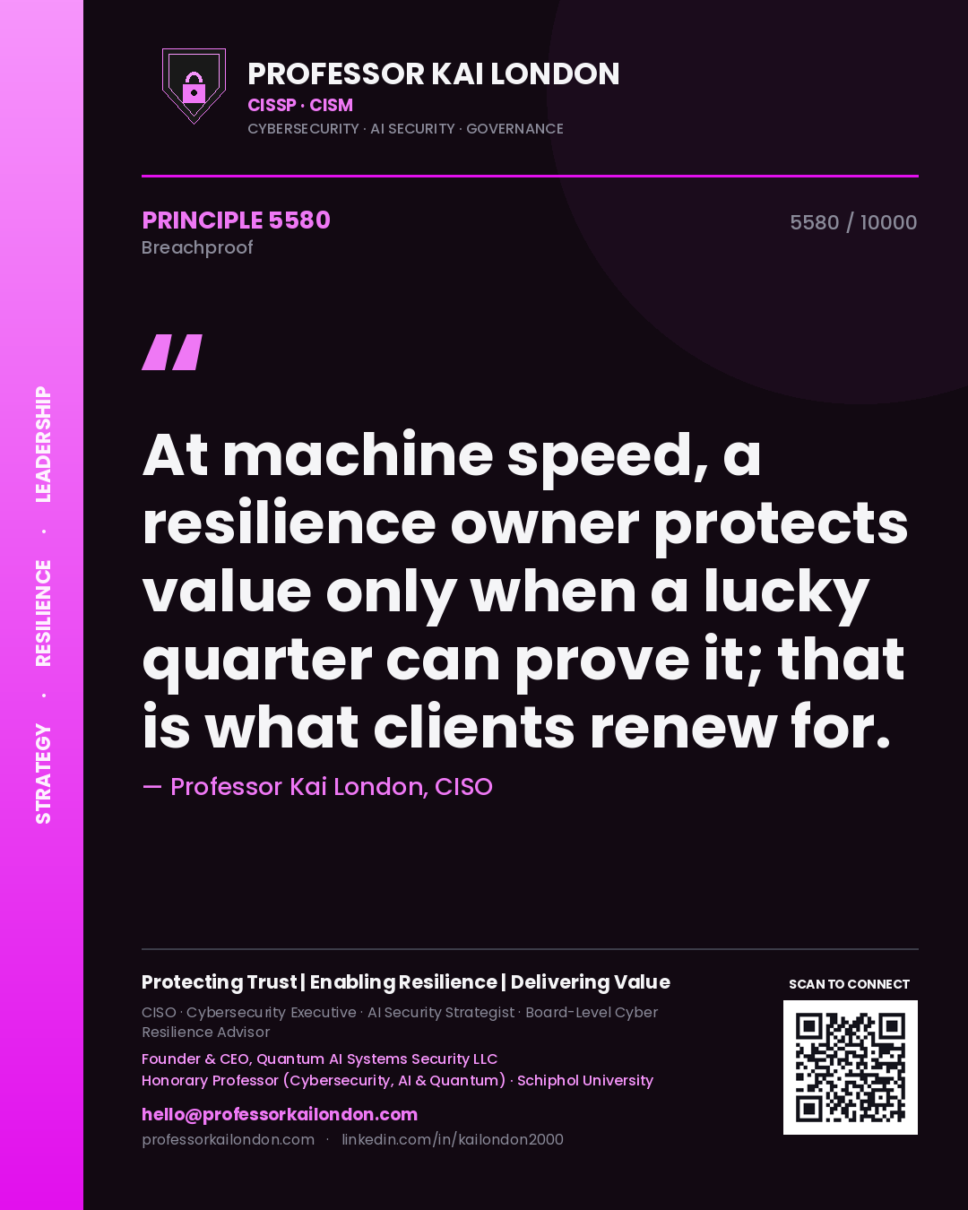 Quote card by Professor Kai London reading 'At machine speed, a resilience owner protects value only when a lucky quarter can prove it; that is what clients renew for.'. From the book Breachproof.