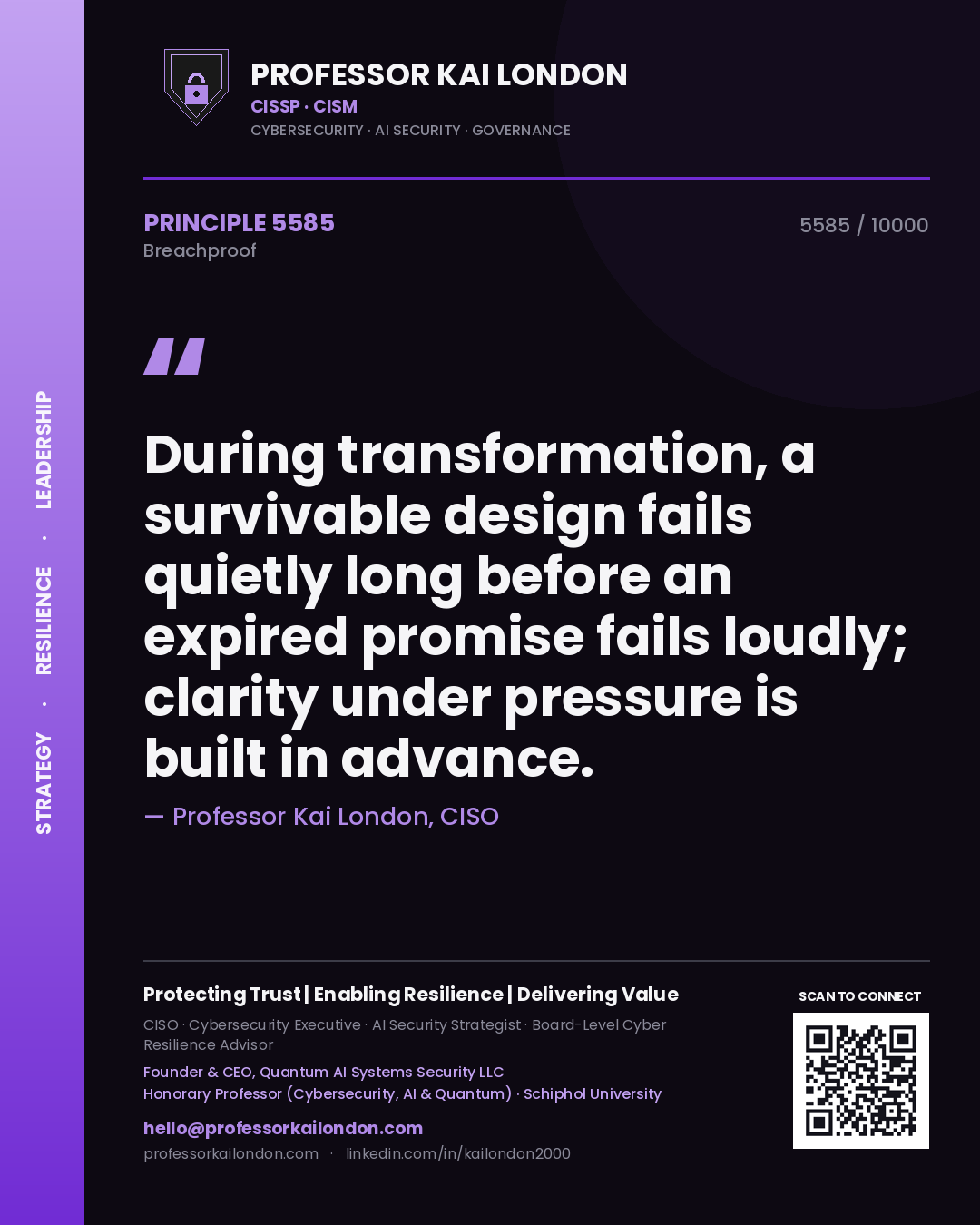 Quote card by Professor Kai London reading 'During transformation, a survivable design fails quietly long before an expired promise fails loudly; clarity under pressure is built in advance.'. From the book Breachproof.
