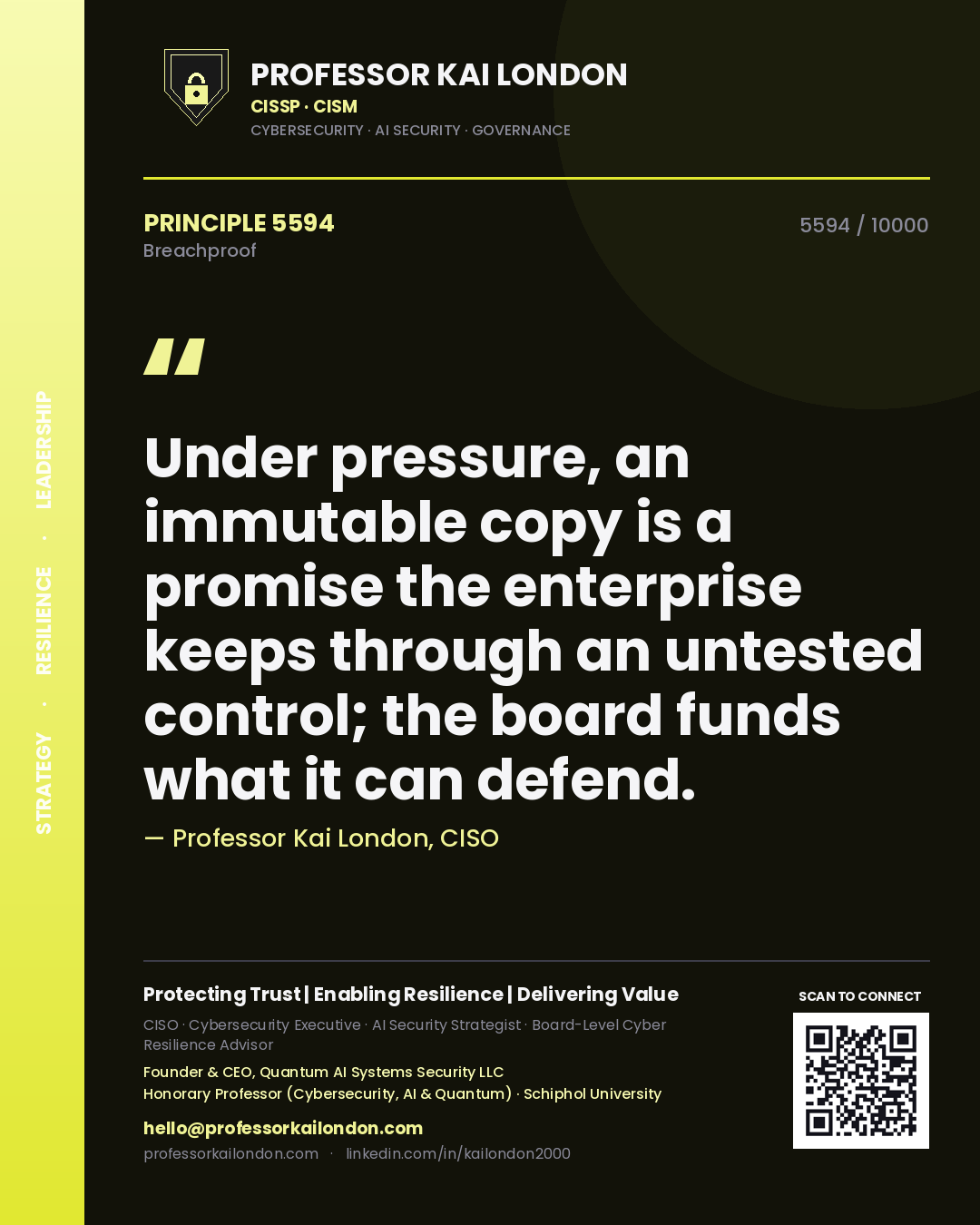 Professor Kai London principle 5594: Under pressure, an immutable copy is a promise the enterprise keeps through an untested control; the board funds what it can defend.
