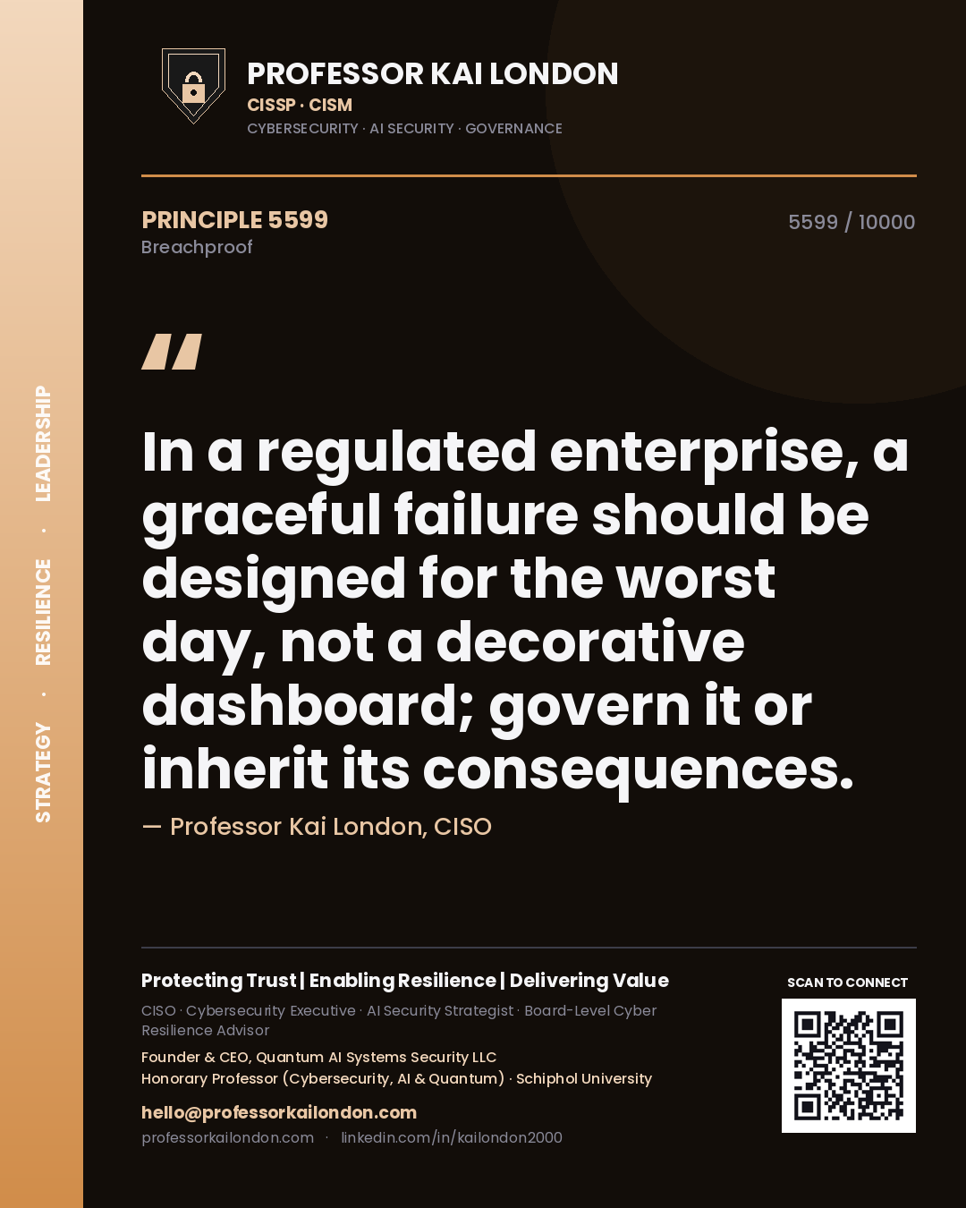 Quote card by Professor Kai London reading 'In a regulated enterprise, a graceful failure should be designed for the worst day, not a decorative dashboard; govern it or inherit its consequences.'. From the book Breachproof.