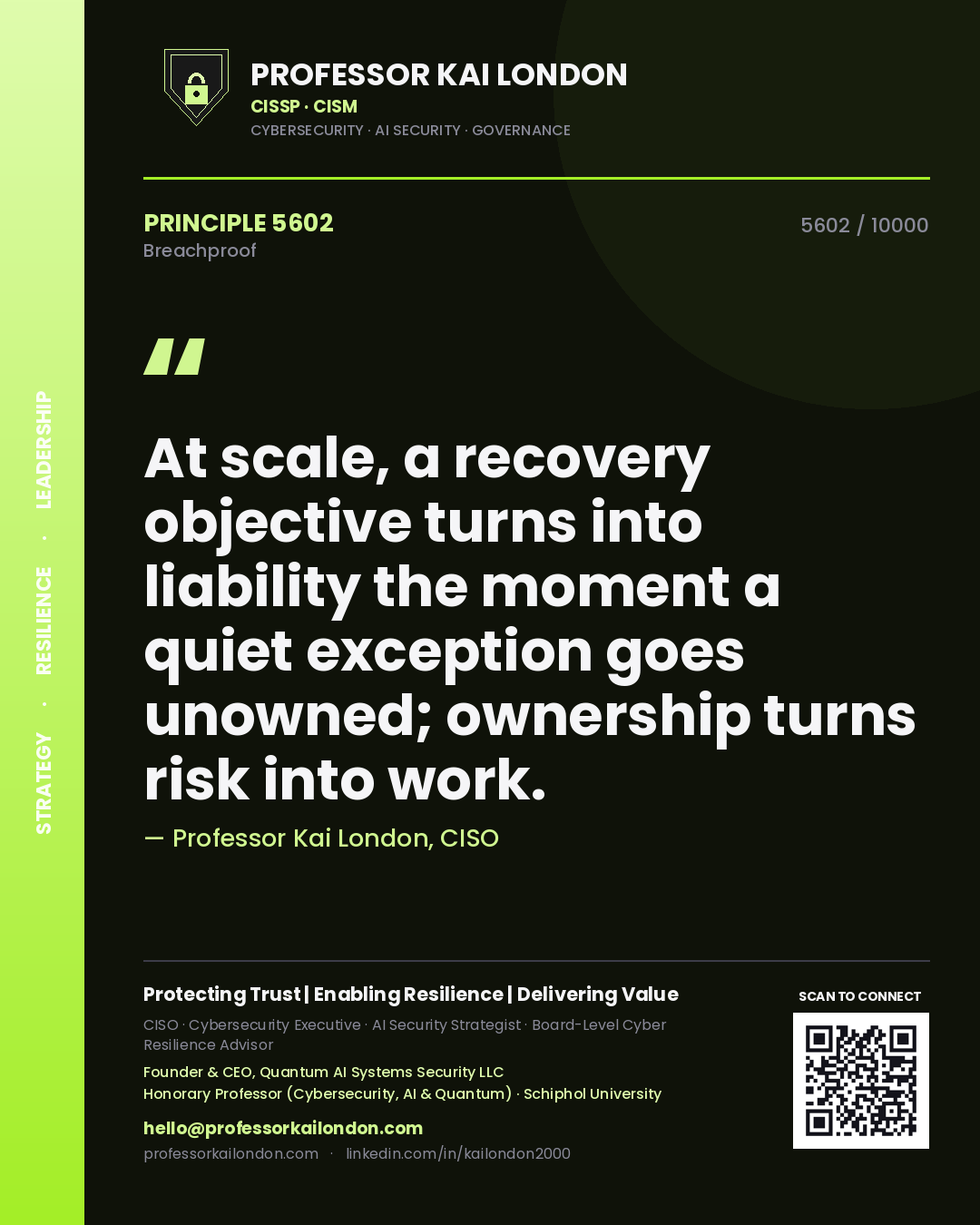 Quote card by Professor Kai London reading 'At scale, a recovery objective turns into liability the moment a quiet exception goes unowned; ownership turns risk into work.'. From the book Breachproof.