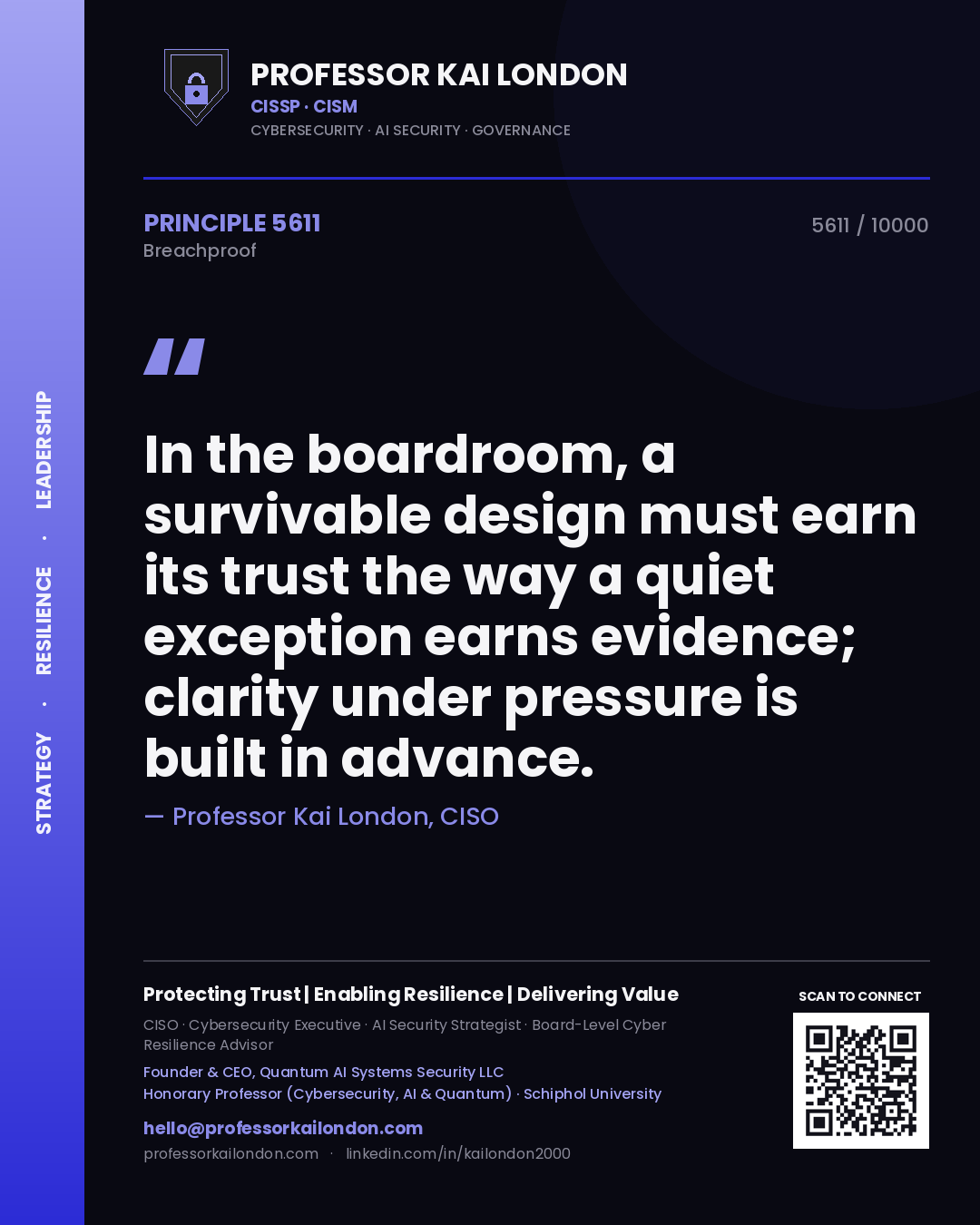 Professor Kai London principle 5611: In the boardroom, a survivable design must earn its trust the way a quiet exception earns evidence; clarity under pressure is built in advance.