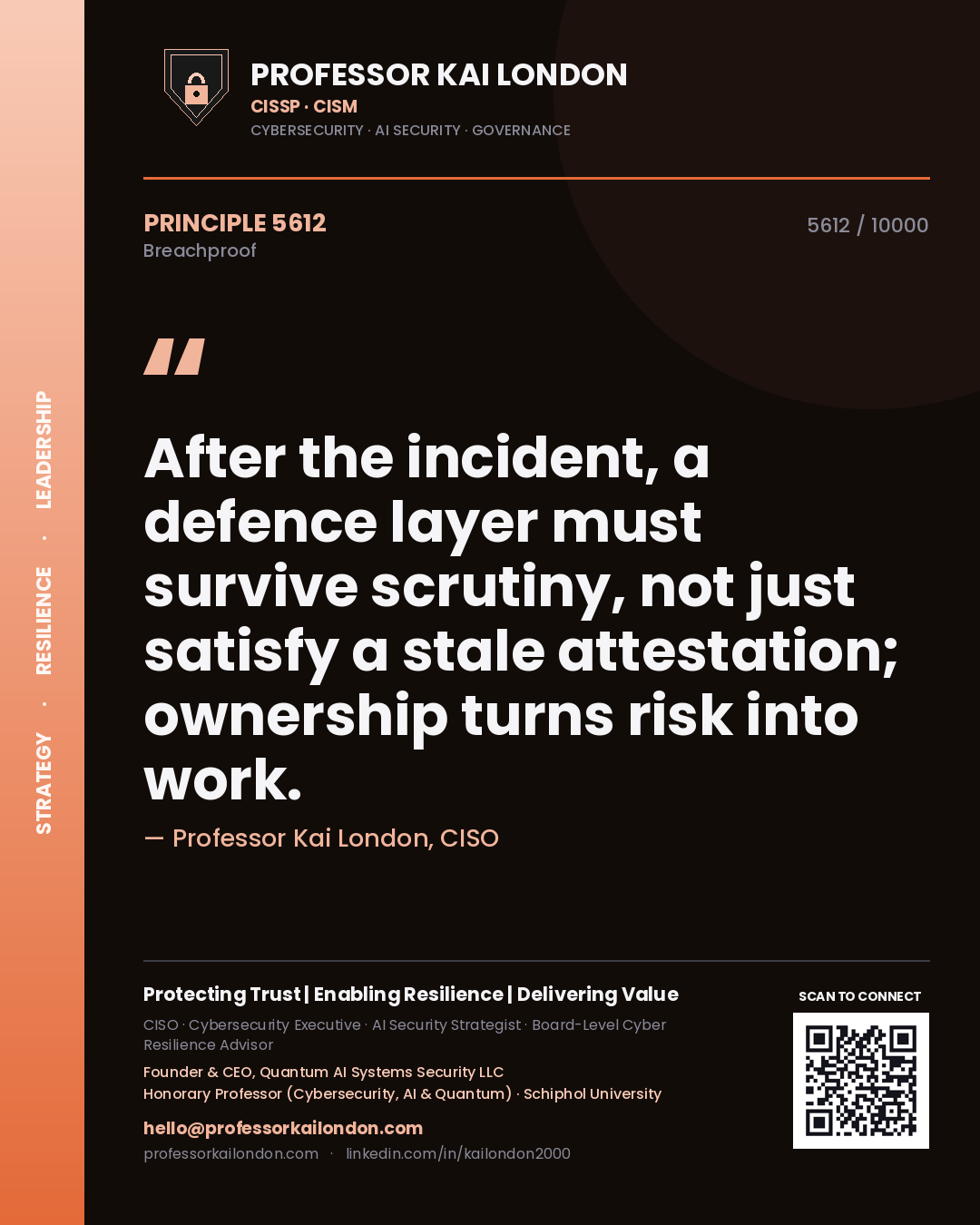 Quote card by Professor Kai London reading 'After the incident, a defence layer must survive scrutiny, not just satisfy a stale attestation; ownership turns risk into work.'. From the book Breachproof.