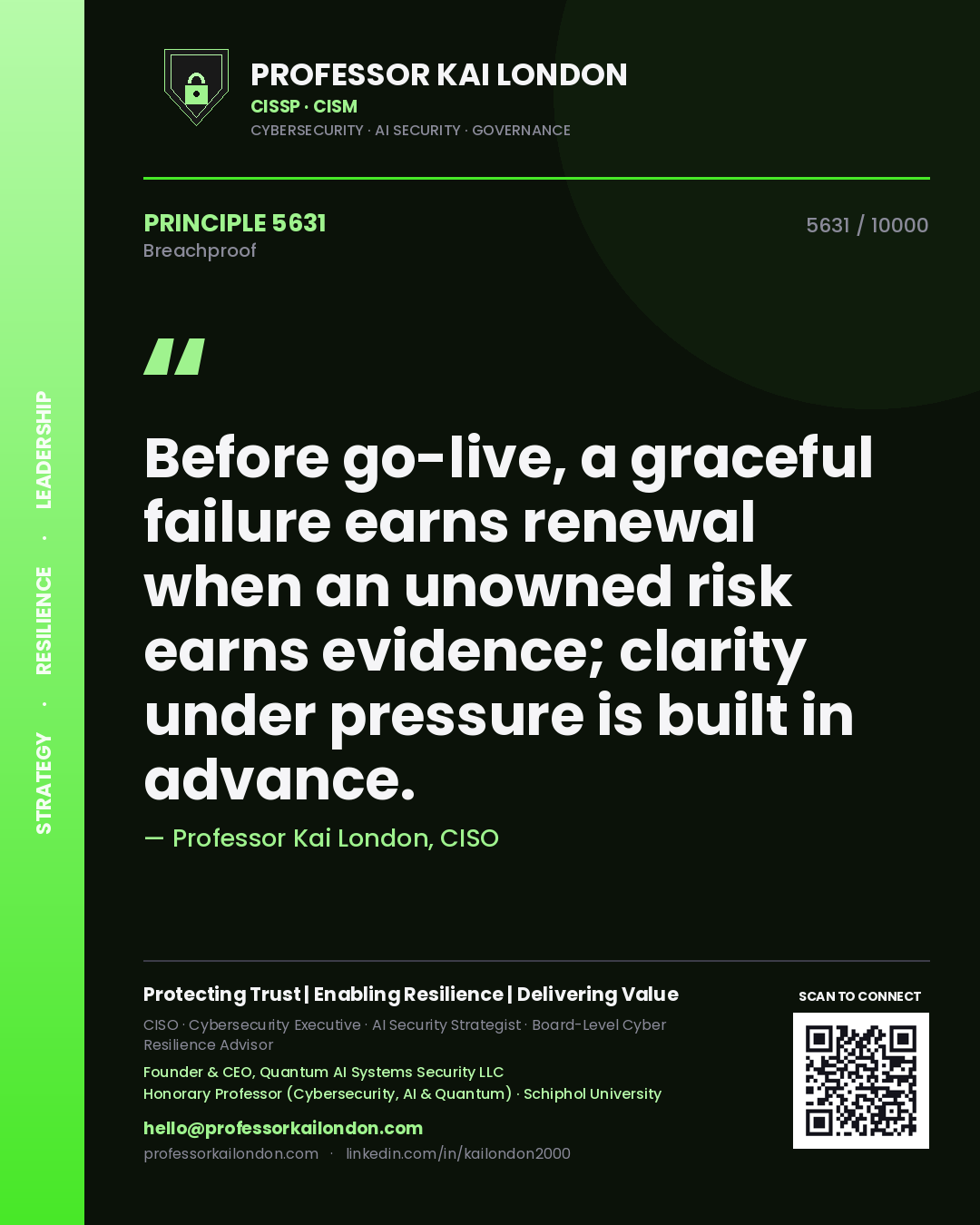 Quote card by Professor Kai London reading 'Before go-live, a graceful failure earns renewal when an unowned risk earns evidence; clarity under pressure is built in advance.'. From the book Breachproof.