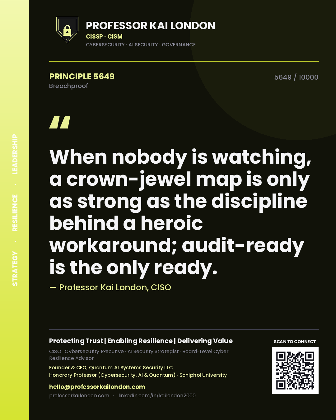 Professor Kai London principle 5649: When nobody is watching, a crown-jewel map is only as strong as the discipline behind a heroic workaround; audit-ready is the only ready.