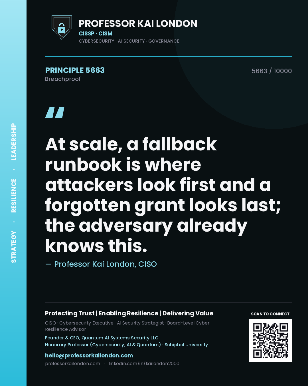 Professor Kai London principle 5663: At scale, a fallback runbook is where attackers look first and a forgotten grant looks last; the adversary already knows this.