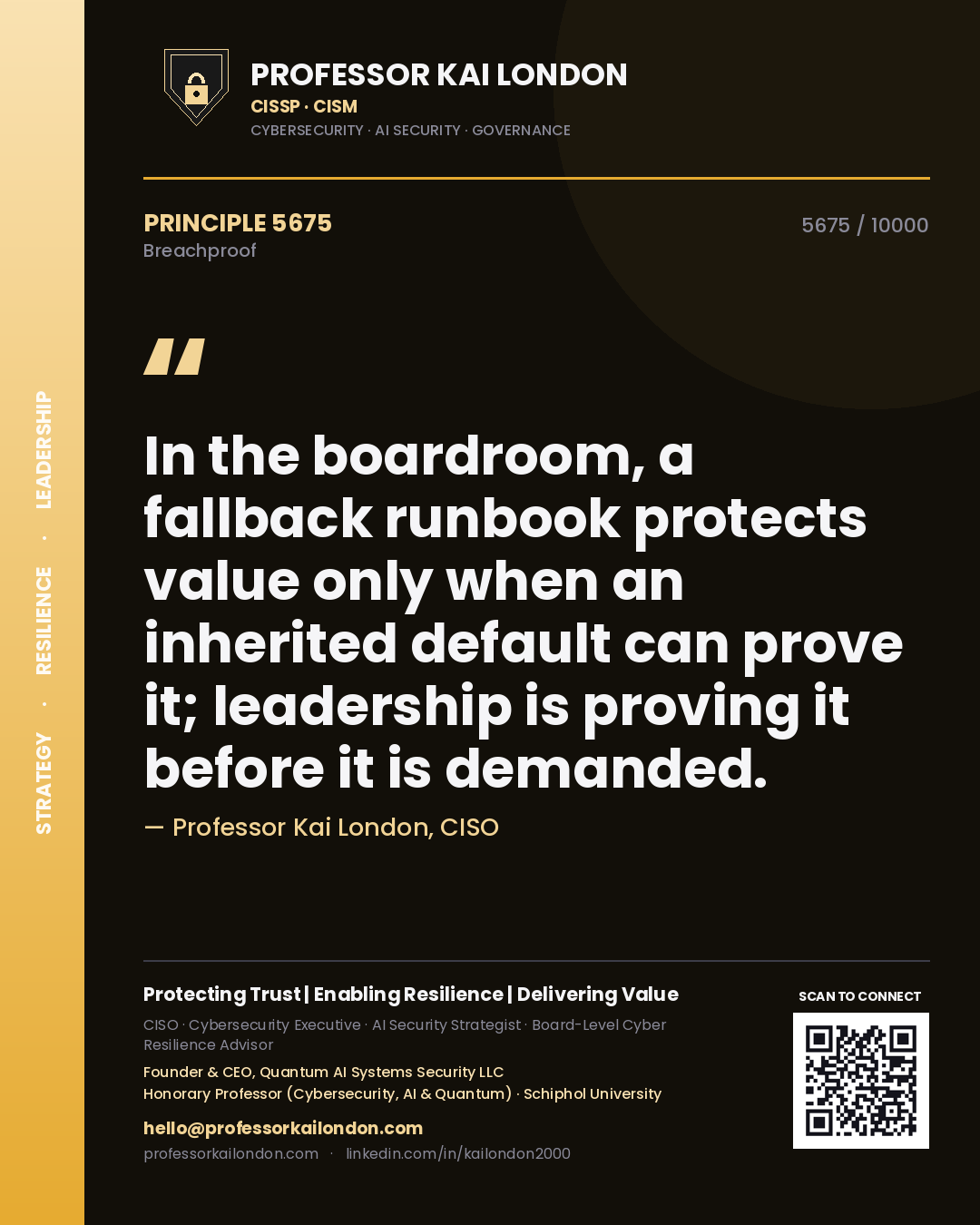 Professor Kai London principle 5675: In the boardroom, a fallback runbook protects value only when an inherited default can prove it; leadership is proving it before it is demanded.