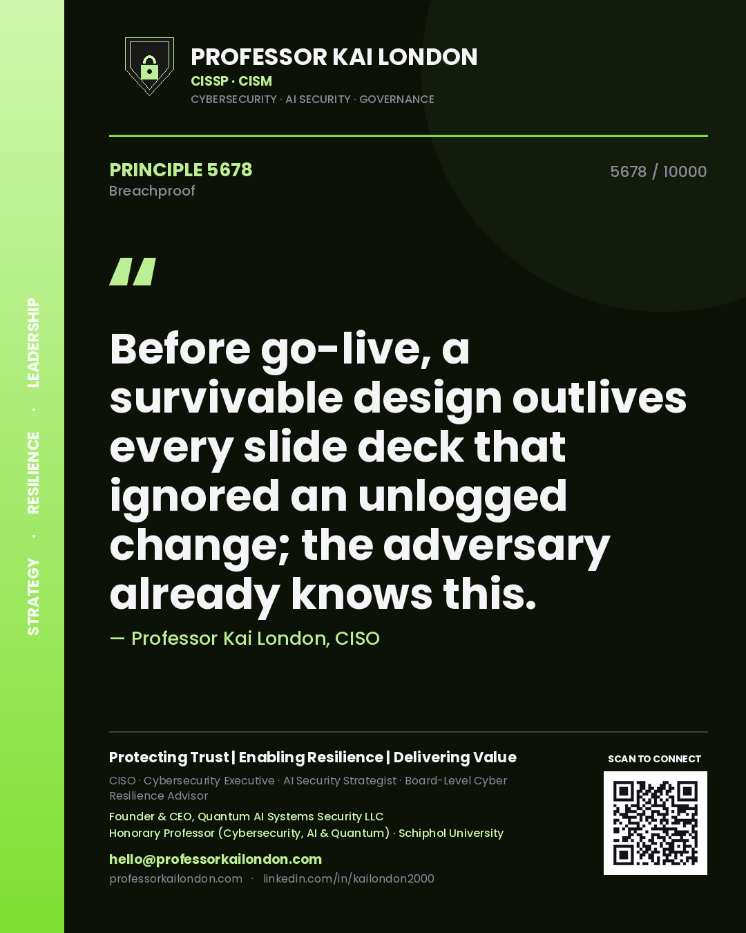 Quote card by Professor Kai London reading 'Before go-live, a survivable design outlives every slide deck that ignored an unlogged change; the adversary already knows this.'. From the book Breachproof.