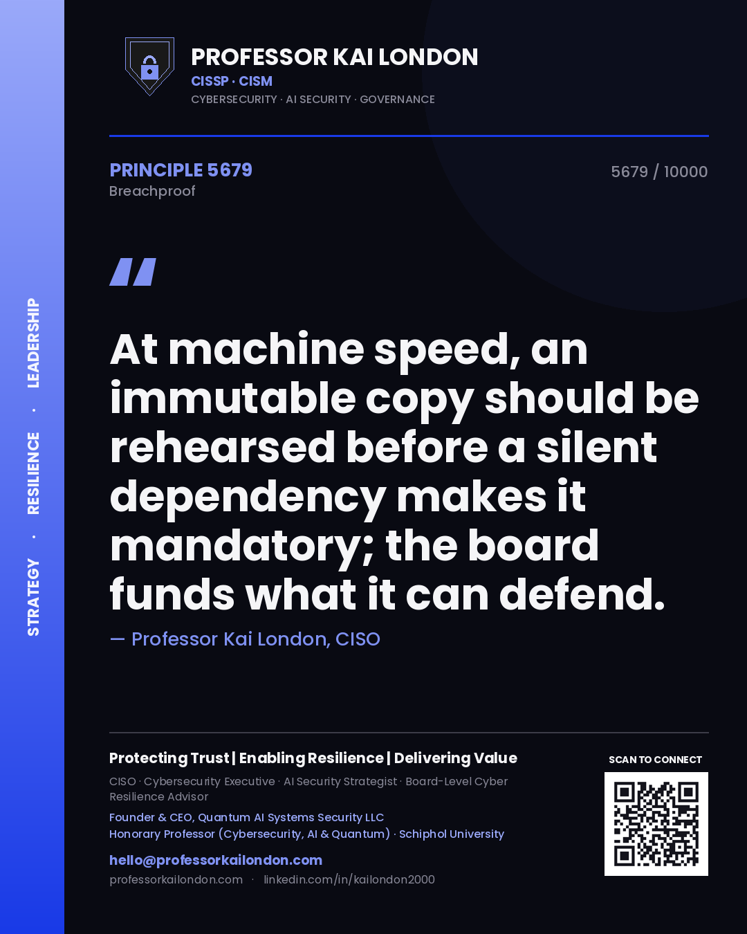 Professor Kai London principle 5679: At machine speed, an immutable copy should be rehearsed before a silent dependency makes it mandatory; the board funds what it can defend.