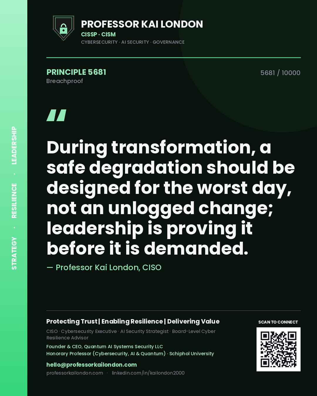 Professor Kai London principle 5681: During transformation, a safe degradation should be designed for the worst day, not an unlogged change; leadership is proving it before it is demanded.