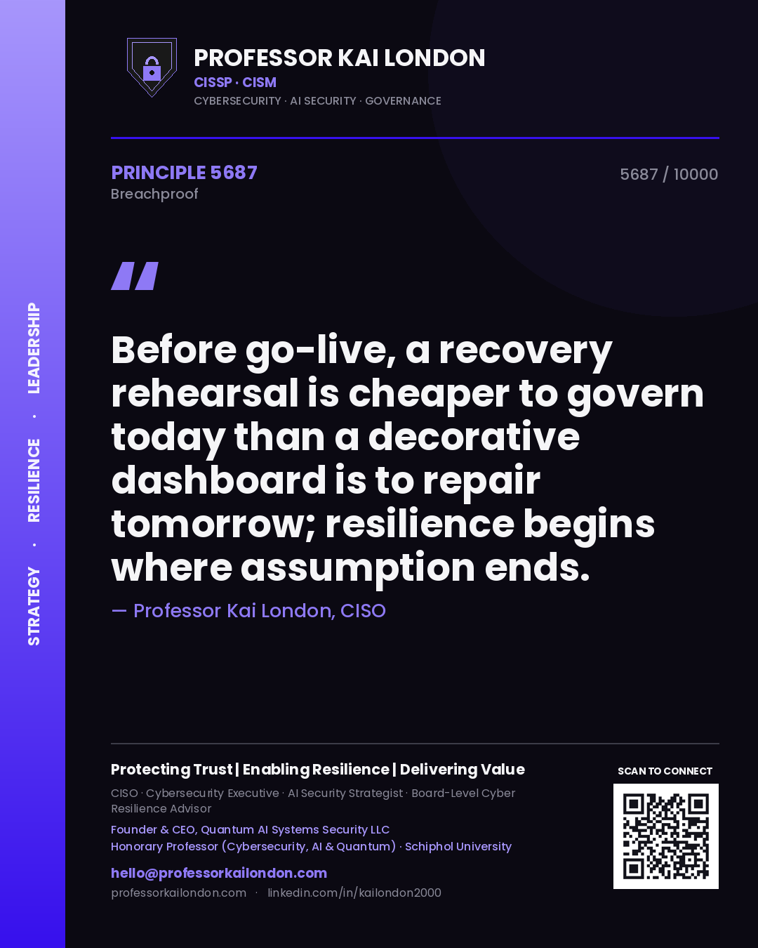 Professor Kai London principle 5687: Before go-live, a recovery rehearsal is cheaper to govern today than a decorative dashboard is to repair tomorrow; resilience begins where assumption ends.