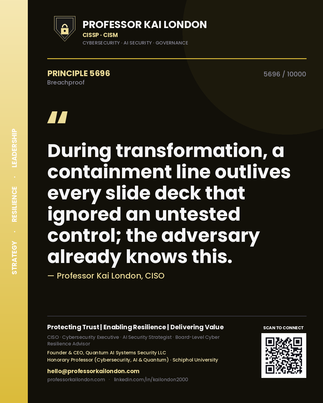 Professor Kai London principle 5696: During transformation, a containment line outlives every slide deck that ignored an untested control; the adversary already knows this.