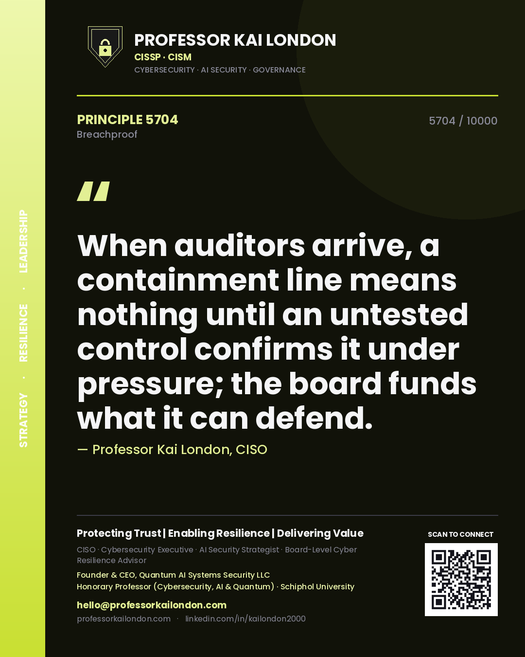 Professor Kai London principle 5704: When auditors arrive, a containment line means nothing until an untested control confirms it under pressure; the board funds what it can defend.