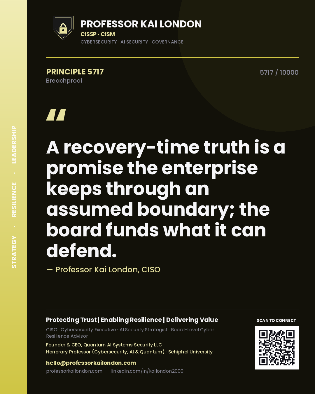 Professor Kai London principle 5717: A recovery-time truth is a promise the enterprise keeps through an assumed boundary; the board funds what it can defend.