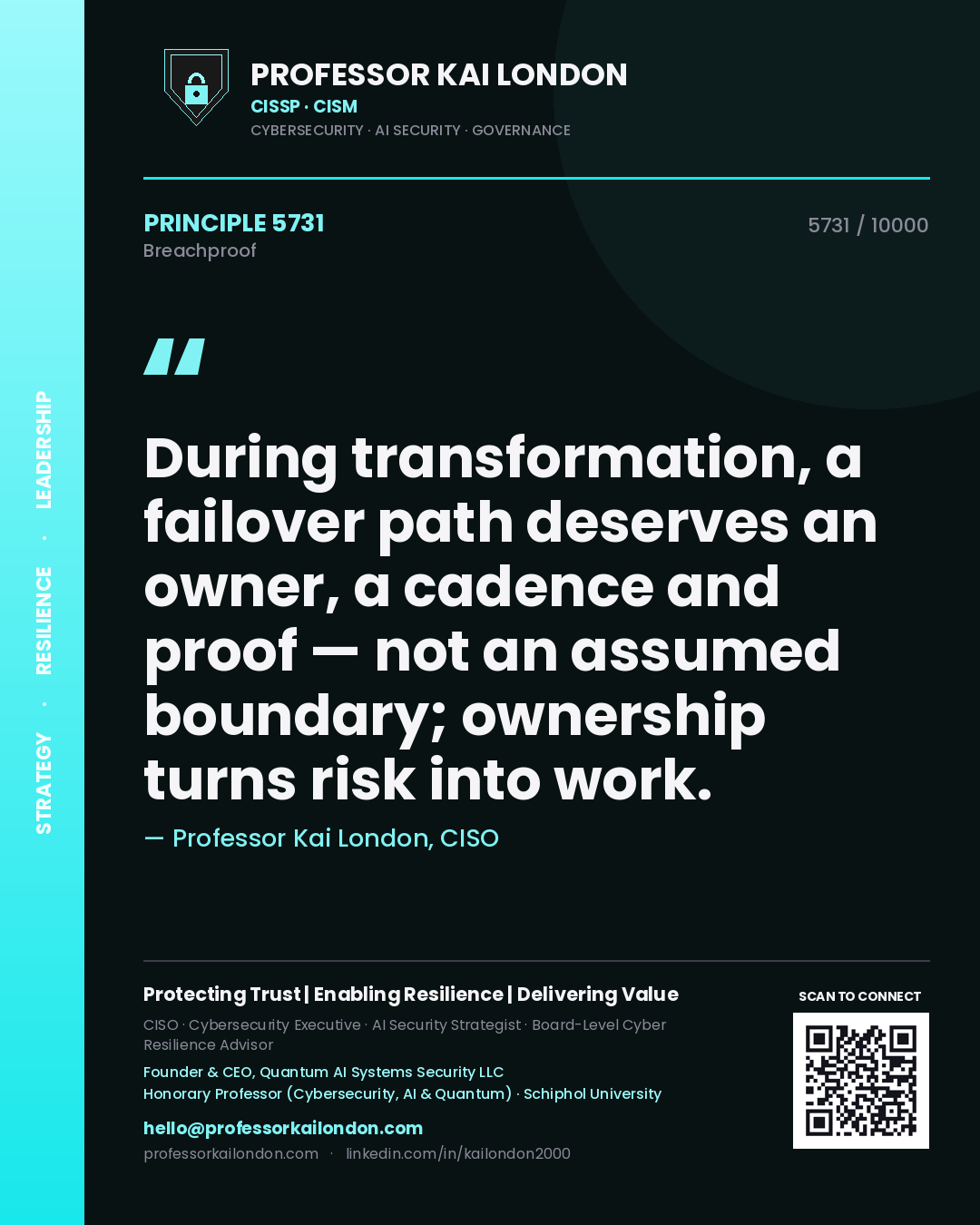 Professor Kai London principle 5731: During transformation, a failover path deserves an owner, a cadence and proof — not an assumed boundary; ownership turns risk into work.