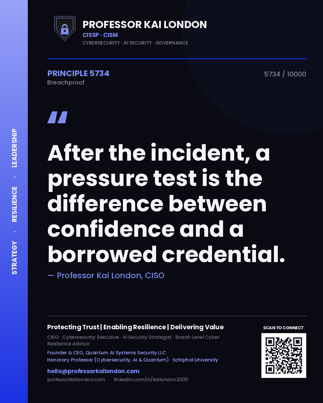 Quote card by Professor Kai London reading 'After the incident, a pressure test is the difference between confidence and a borrowed credential.'. From the book Breachproof.