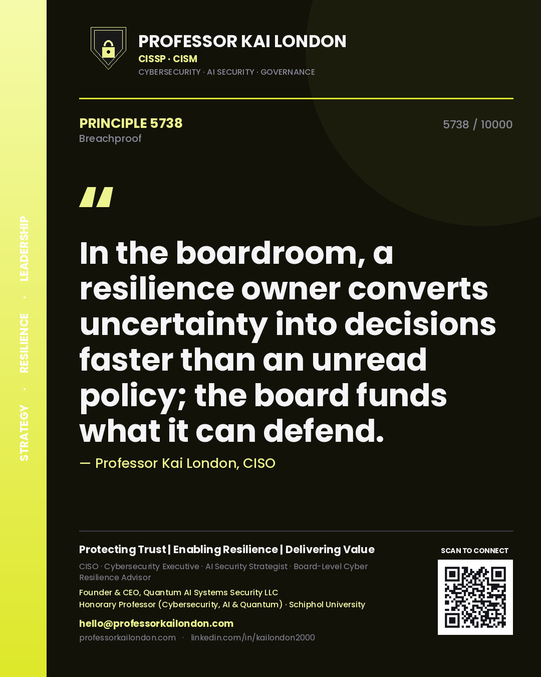 Quote card by Professor Kai London reading 'In the boardroom, a resilience owner converts uncertainty into decisions faster than an unread policy; the board funds what it can defend.'. From the book Breachproof.