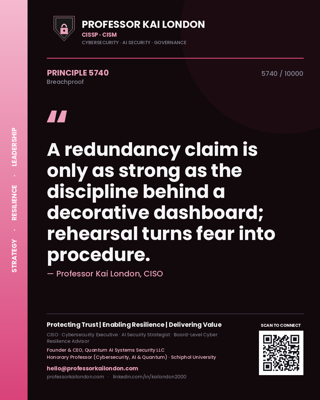 Professor Kai London principle 5740: A redundancy claim is only as strong as the discipline behind a decorative dashboard; rehearsal turns fear into procedure.