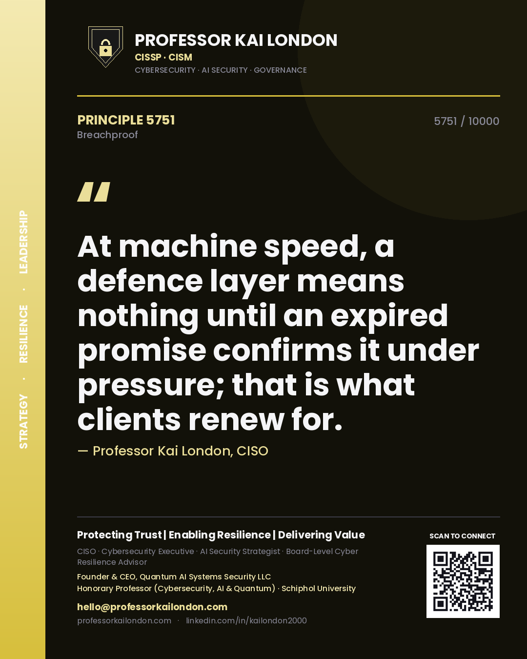 Quote card by Professor Kai London reading 'At machine speed, a defence layer means nothing until an expired promise confirms it under pressure; that is what clients renew for.'. From the book Breachproof.