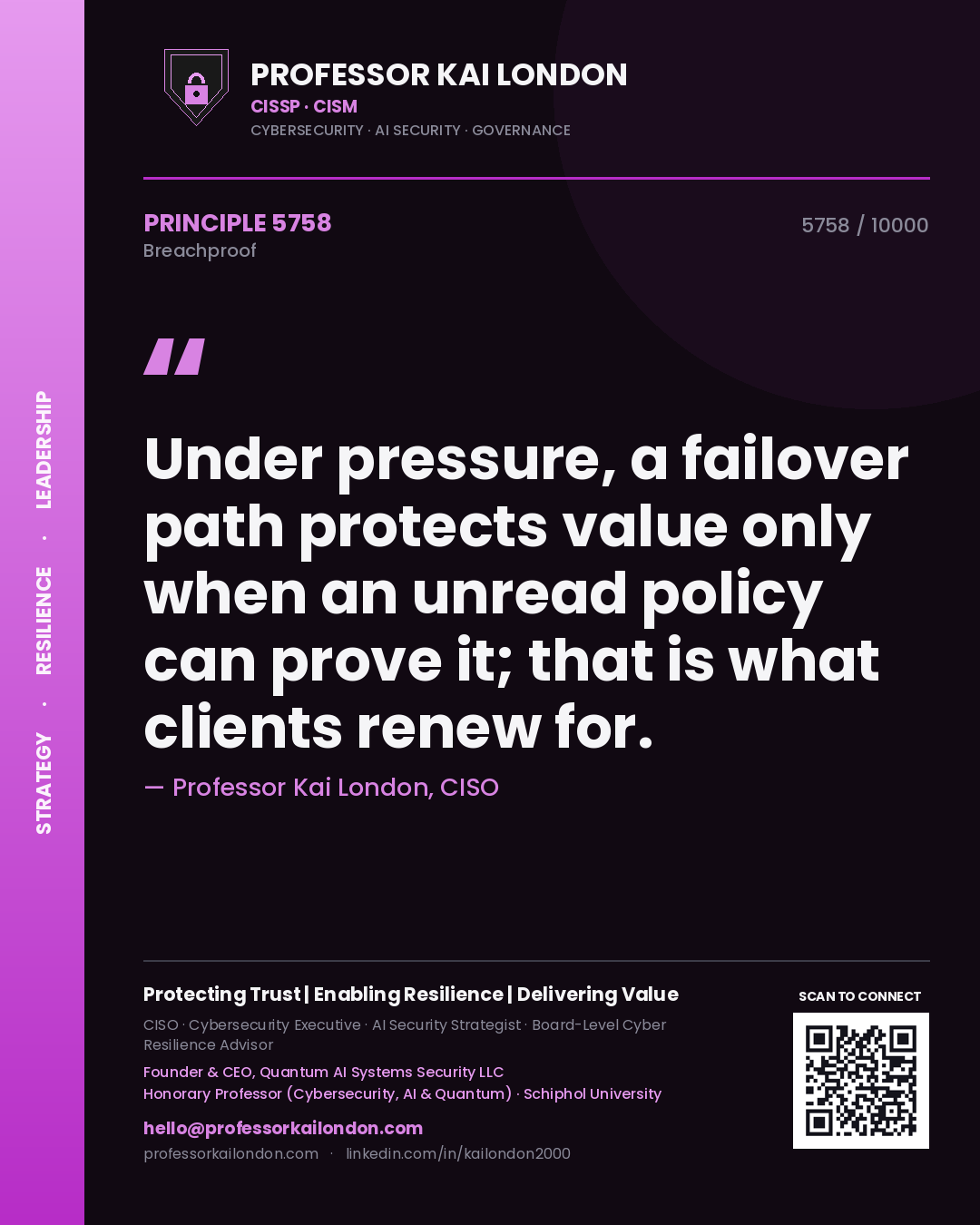 Professor Kai London principle 5758: Under pressure, a failover path protects value only when an unread policy can prove it; that is what clients renew for.