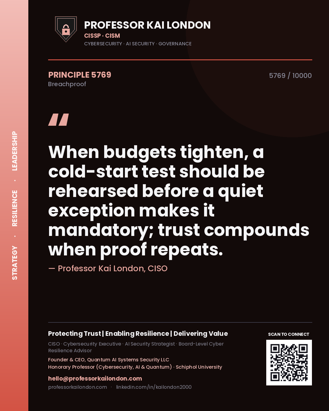 Professor Kai London principle 5769: When budgets tighten, a cold-start test should be rehearsed before a quiet exception makes it mandatory; trust compounds when proof repeats.