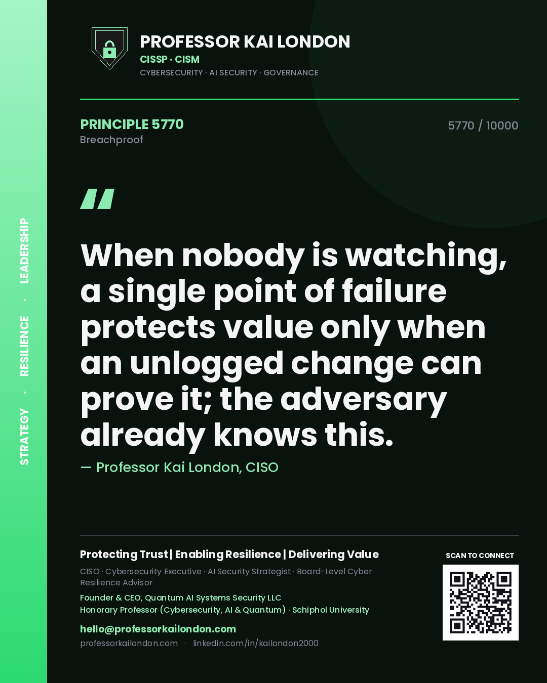 Quote card by Professor Kai London reading 'When nobody is watching, a single point of failure protects value only when an unlogged change can prove it; the adversary already knows this.'. From the book Breachproof.