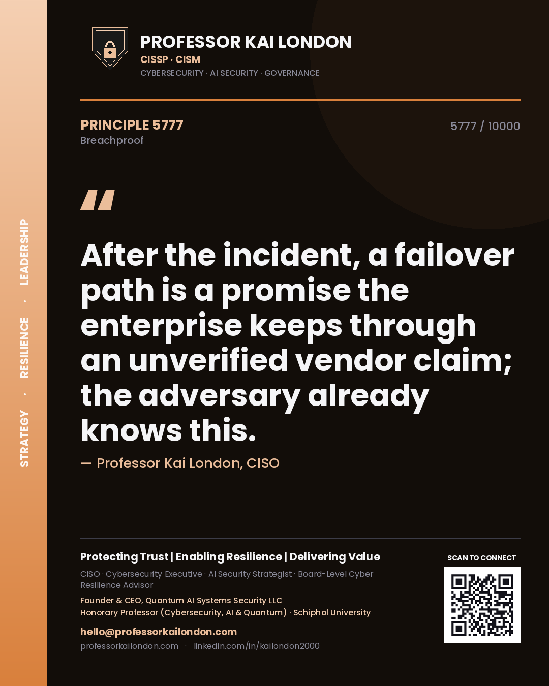 Professor Kai London principle 5777: After the incident, a failover path is a promise the enterprise keeps through an unverified vendor claim; the adversary already knows this.