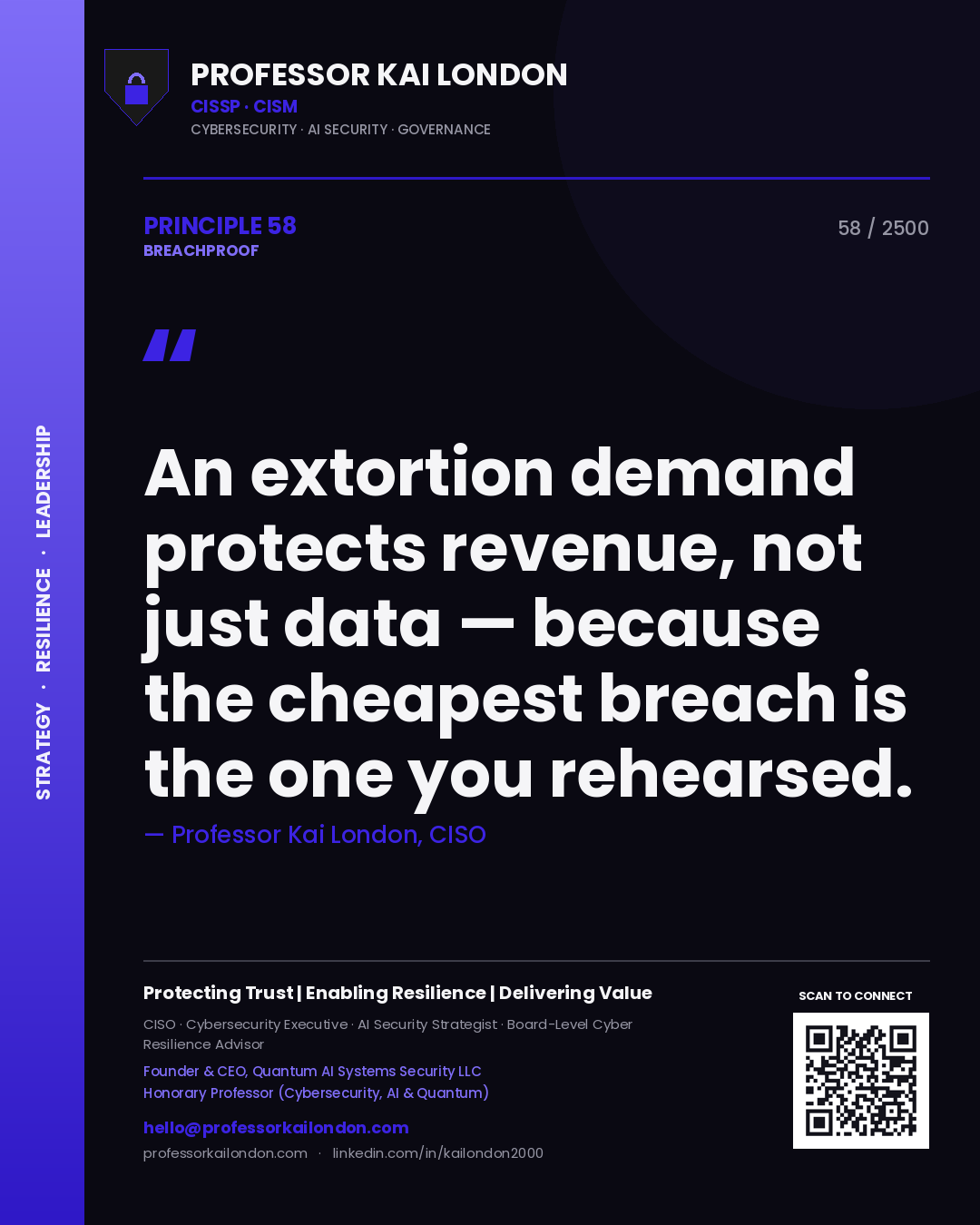Quote card by Professor Kai London reading 'An extortion demand protects revenue, not just data — because the cheapest breach is the one you rehearsed.'. From the book Breachproof.