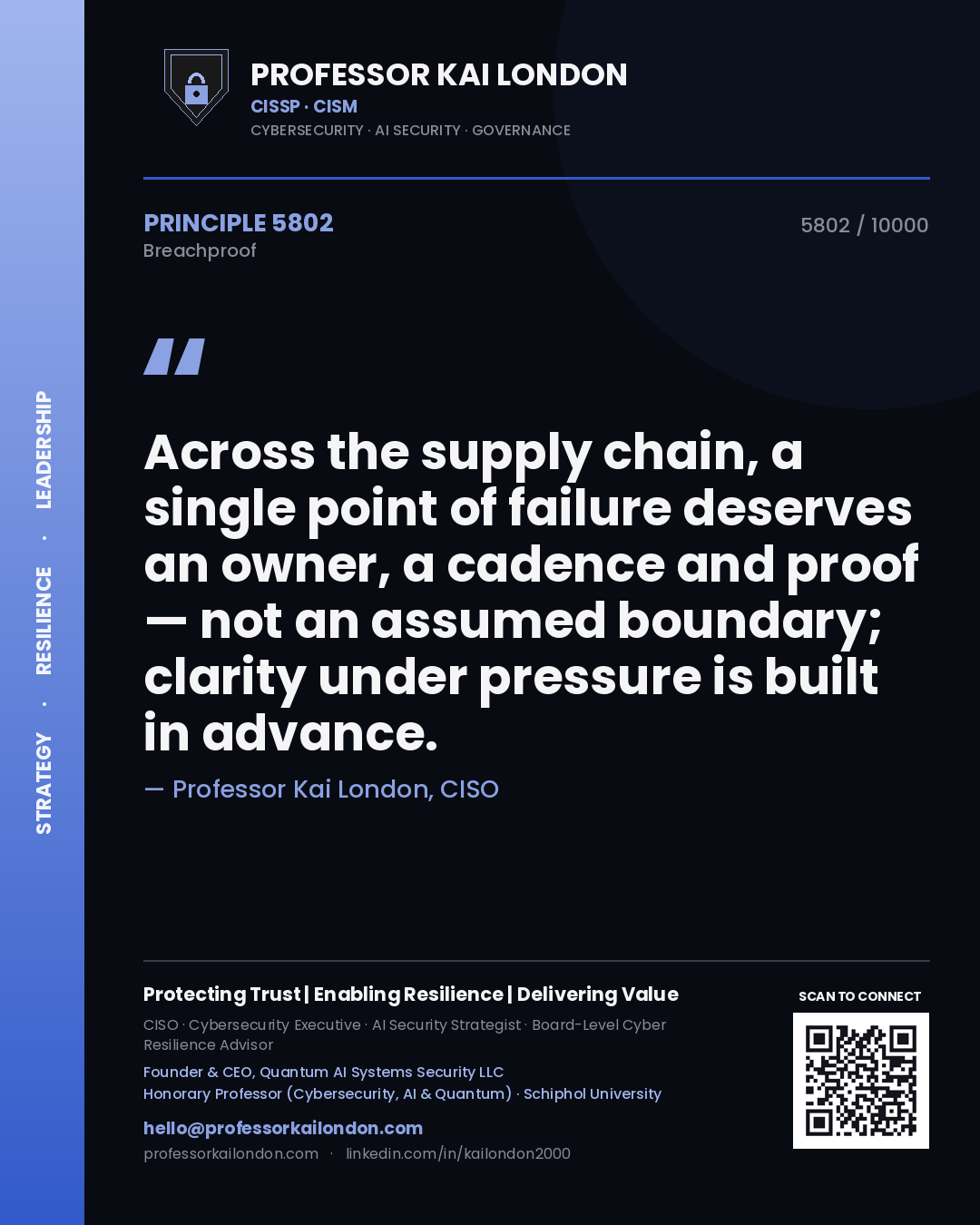 Quote card by Professor Kai London reading 'Across the supply chain, a single point of failure deserves an owner, a cadence and proof — not an assumed boundary; clarity under pressure is built in advance.'. From the book Breachproof.