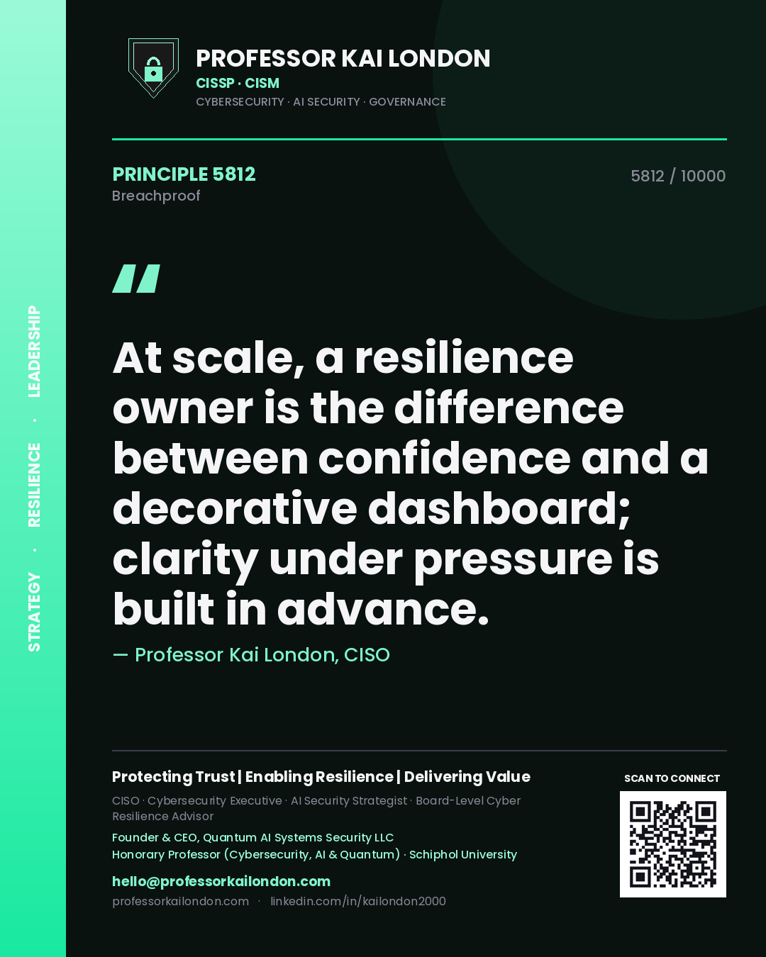 Quote card by Professor Kai London reading 'At scale, a resilience owner is the difference between confidence and a decorative dashboard; clarity under pressure is built in advance.'. From the book Breachproof.