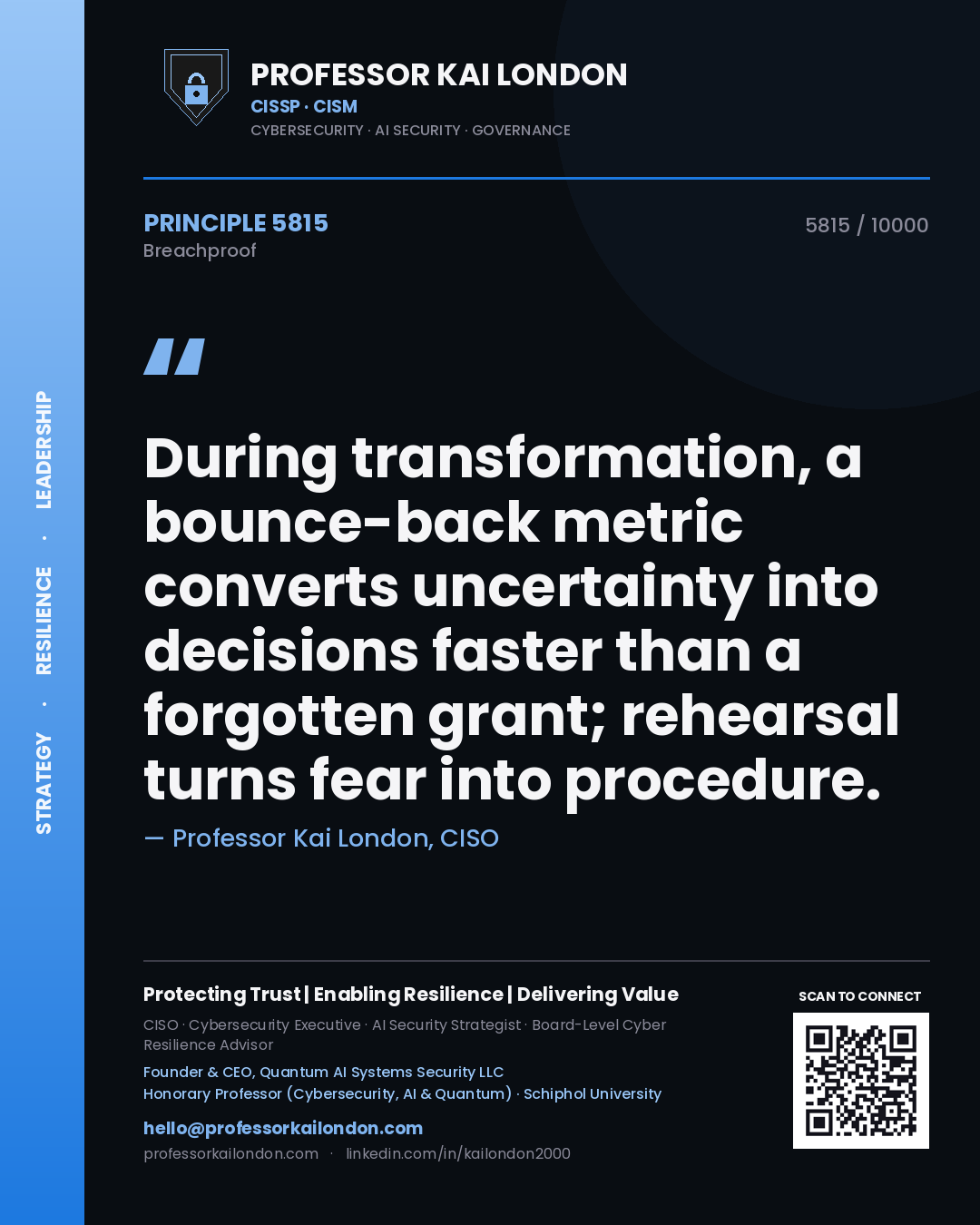 Professor Kai London principle 5815: During transformation, a bounce-back metric converts uncertainty into decisions faster than a forgotten grant; rehearsal turns fear into procedure.