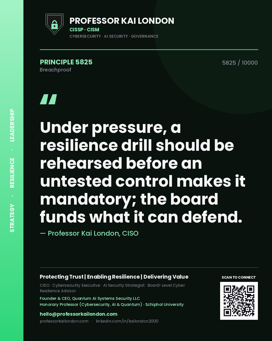 Quote card by Professor Kai London reading 'Under pressure, a resilience drill should be rehearsed before an untested control makes it mandatory; the board funds what it can defend.'. From the book Breachproof.